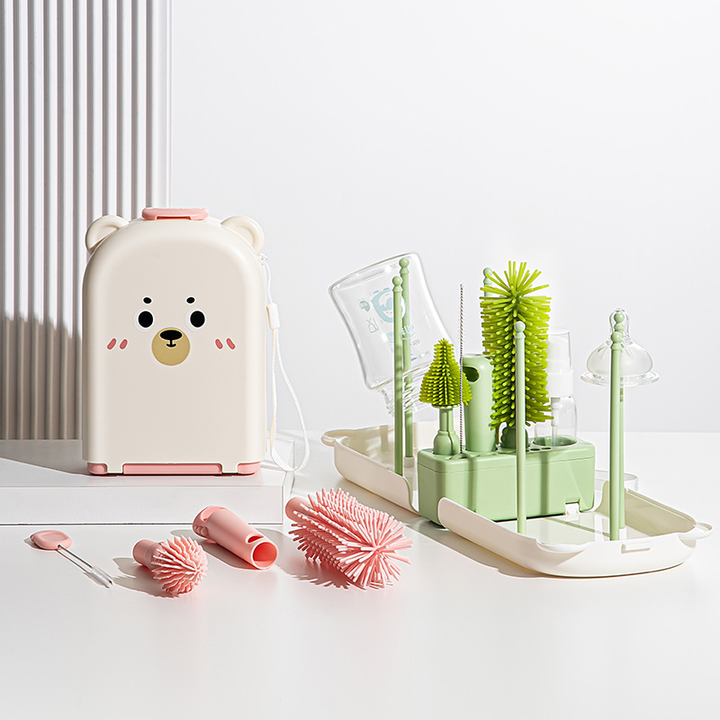 Travel Accessories For 2 Year Old - トラベル哺乳瓶ブラシセット - 新生児に安全なシリコン製クリーニングブラシ、ボトル、乳首、アクセサリー用の収納ボックス付き