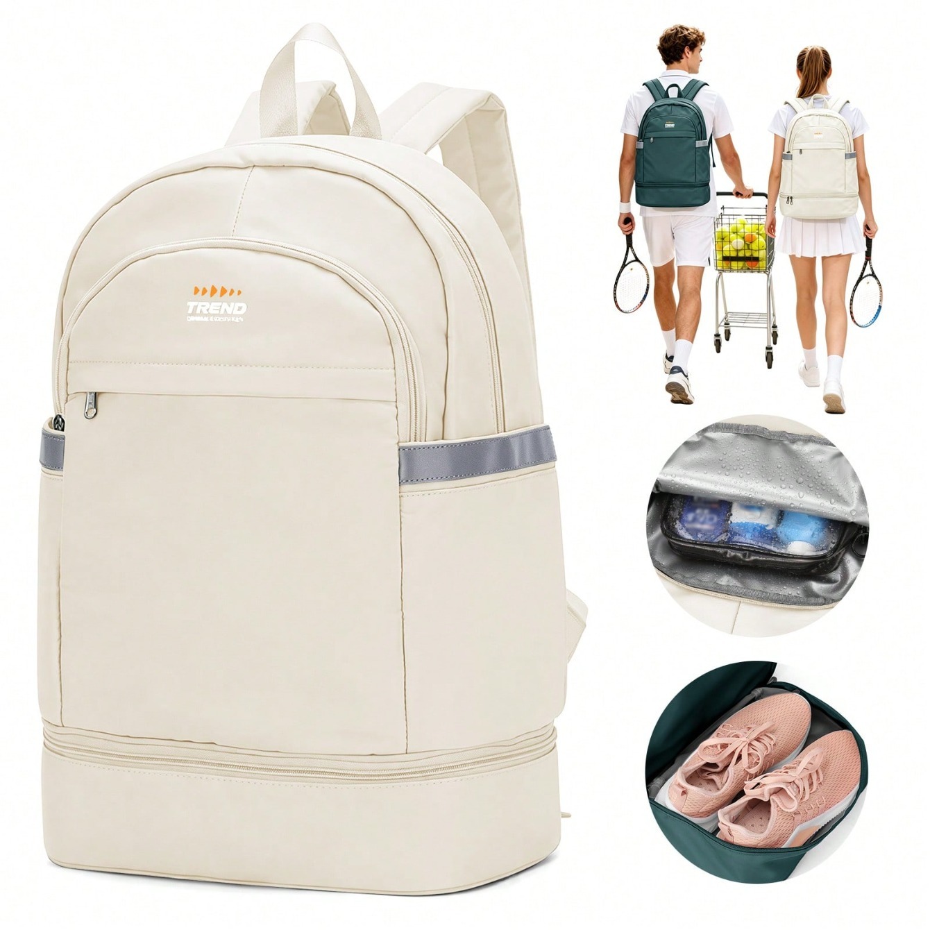 Shoe Bag Travel - カジュアルな女性用バックパック、ミニマリストなピークスポーツバックパック、ファッショナブルなテニス・バドミントン用小型バックパック、通勤用軽量ポータブルバックパック、防水大容量トラベルバックパック、独立したシューズ収納ポケット付き、キャンパス学生用スクールバッグ
